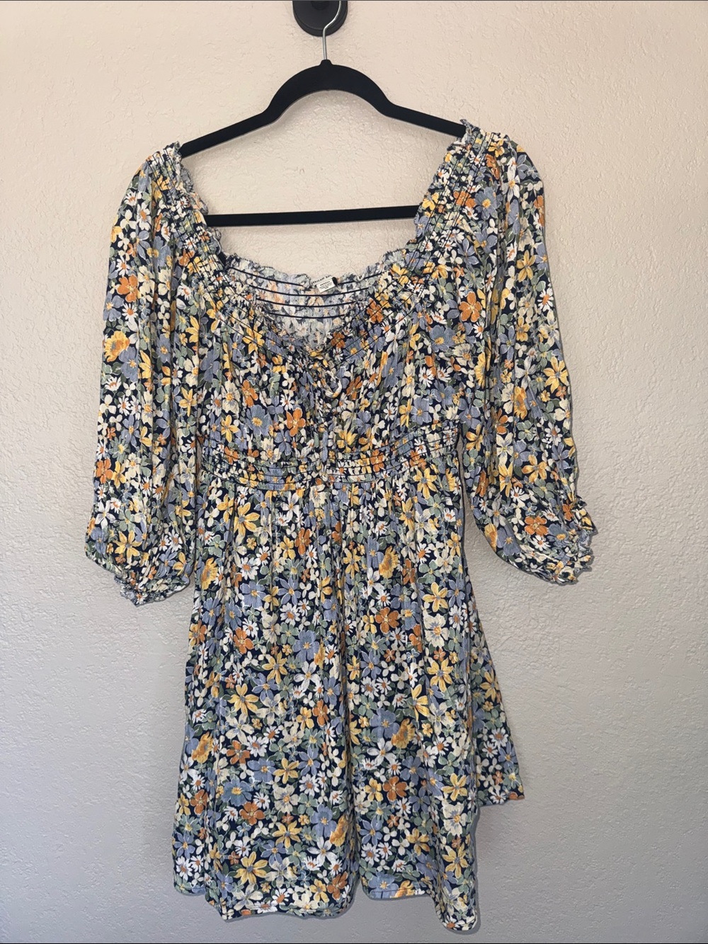 American Eagle Outfitters Blue, Yellow & White Floral Smocked Peasant Dress